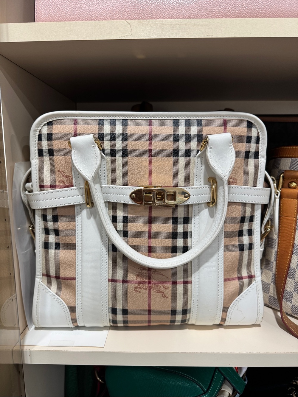 Vintage 90 Y2K Burberry Minford Satchel Haymarket Coated Canvas White Leather